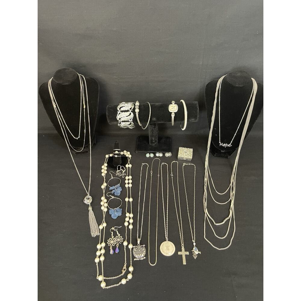 Vintage To Now Lot Of Silvertone Jewelry Necklace Bracelet Earrings Rings